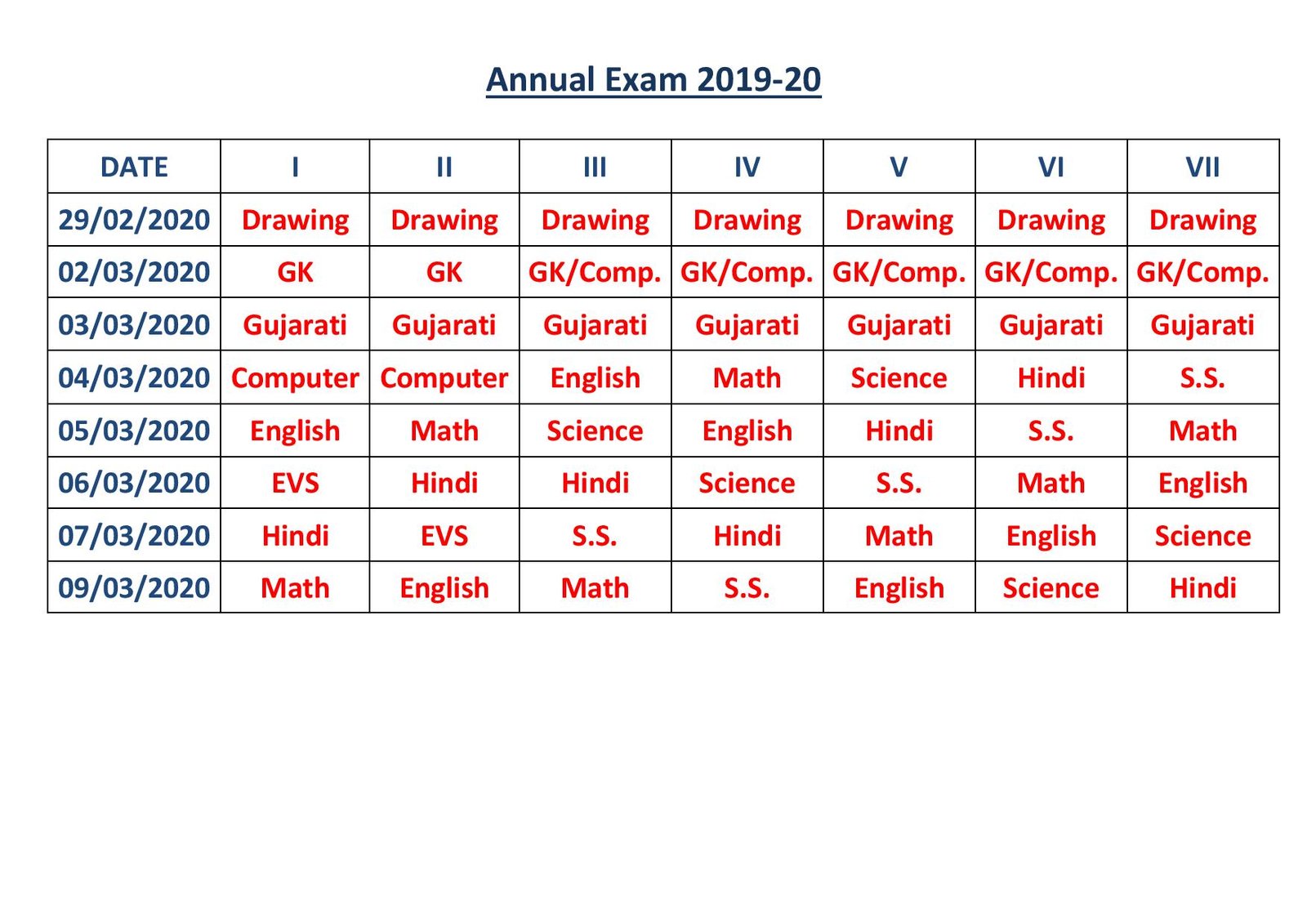 Exam Calendar VSG International School